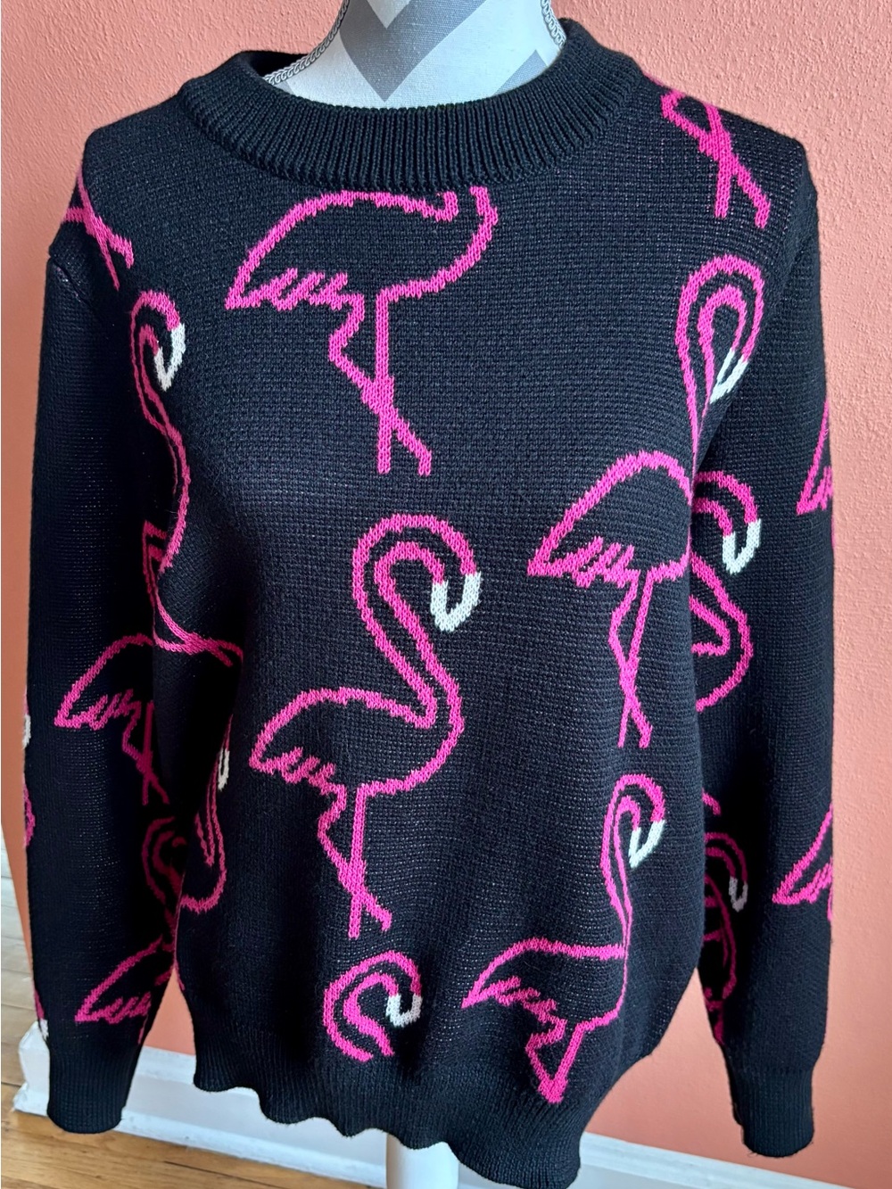 Vintage Wesc Black Crewneck Sweater with Hot Pink Flamingo Motif